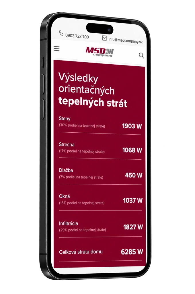 Kalkulačka tepelných strát MSD v mobile s ukážkovým výpočtom: celková strata domu 6 285 W
